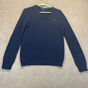 Ralph Lauren Sweater Women's XL Navy Blue V-Neck Pullover Cable Knit Red Pony